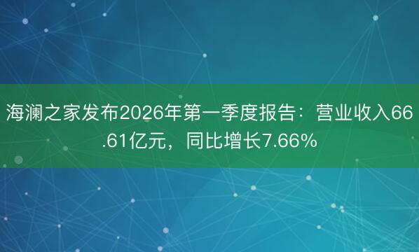海澜之家发布2026年第一季度报告：营业收入66.61亿元，同比增长7.66%